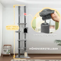 PawHut Kratzbaum, 4 Etagen, deckenhoch, verstellbar 225-255 cm, Hängematte, Haus, Grau(m-4)