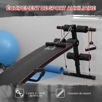 HOMCOM Banc de musculation appareil à abdo hauteur réglable 137,5L x 55,5l x 50-68H cm 2 bandes de résistances + ressort central traction acier noir rouge(m-6)