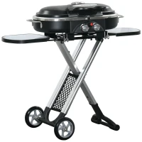 Outsunny Barbacoa de Gas 2,34 KW con 2 Quemadores Termómetro Parillas de Gas Plegable Portátil con 2 Ruedas y 2 Mesas Correderas para BBQ Camping 100x41,6x82,5 cm Negro y Plata(m-1)