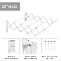HOMCOM Tendedero de Pared Extensible de 63,5 cm Tendedero de Ropa de Metal con 5 Barras para Interior y Exterior Baño Balcón Carga 10 kg 63,5x60x20 cm Blanco(m-6)