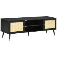 HOMCOM TV-Bank im Boho-Design, TV-Schrank, Rattanelemente, 1 Regalboden, 2 Schränke, Schwarz + Natur(m-1)