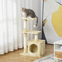 PawHut Tiragraffi per Gatti con Casetta, 2 Piattaforme e Pallina Giocattolo, Albero Tiragraffi in Truciolato, Sisal e Peluche, 50x30x81.5 cm, Beige(m-2)