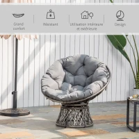 Outsunny Fauteuil rond de jardin fauteuil papasan pivotant grand confort Ø 97 x 86H cm grand coussin fourni polyester résine tressée gris(m-7)