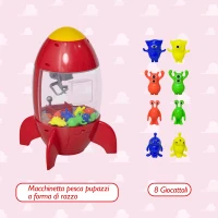 HOMCOM Macchinetta Pesca Pupazzi a Forma di Razzo Rosso con Luci, Suoni e 8 Alieni, per Bambini 3-8 Anni, 20x19x30cm(m-4)
