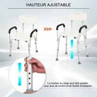 HOMCOM Chaise de Douche siège de Douche Ergonomique Hauteur réglable Pieds antidérapants Dossier accoudoirs Amovibles Charge Max. 136 Kg alu HDPE Blanc(m-4)
