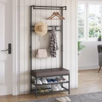 HOMCOM Perchero Metálico de Pie con Asiento Acolchado Estante para Zapatos y Colgador de Ropa para Entrada 72.5x35x180cm Negro(m-2)