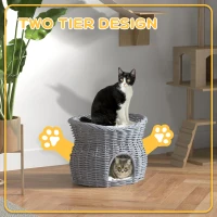 PawHut 2-Tier Wicker Cat House Elevated Pet Bed Basket Willow Kitten Tower Pet Den. with Washable Cushions 56x37x40cm Grey(m-5)
