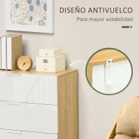 HOMCOM Cómoda con 4 Cajones de Alto Brillo Cajonera de Madera para Dormitorio Salón Oficina 70x35x92 cm Blanco y Natural(m-6)