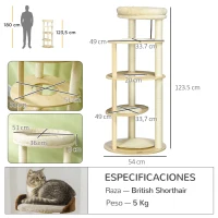 PawHut Árbol Rascador para Gatos de Madera con Múltiples Plataformas Cama Desmontable y Cojines Ø54x123,5 cm Roble(m-3)