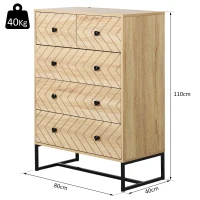 HOMCOM Meuble de rangement commode style graphique 80L x 40l x 110H cm 5 tiroirs métal noir panneaux particules MDF imitation bois clair(m-3)