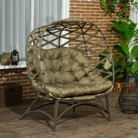 Outsunny 2 Seater Egg Chair Outdoor, Folding Weave Garden Furniture Chair with Cushion, Cup Pockets - Khaki(m-10)
