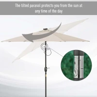 Outsunny Φ2.7m Garden 24 LED Light Parasol Solar Outdoor Tilt Sun Umbrella Patio Club Party Event Manual Sun Shade w/ Hand Crank and 8 Ribs, Off-white(m-6)
