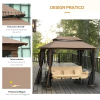 Outsunny Dondolo 3 Posti da Giardino Convertibile in Lettino con Gazebo, con Zanzariera e Cuscini, 257x175x240cm Cachi(m-6)