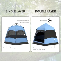 Outsunny Six Man Hexagon Camping Tent with Hang Hook and Carry Bag - Blue and Black(m-7)