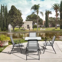 Outsunny 5 Piece Garden Dining Set Outdoor Dining Furniture 4 Folding Chairs, Glass Top Table with Parasol Hole, Texteline Seats, Black(m-2)