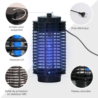 Outsunny Lampe anti-moustique, électrique anti-moustique extérieur intérieur, LED 3 W, tue-mouche électrique avec crochet d'attache, piège à moustique, lampe anti-mouche, noir(m-6)