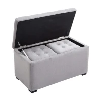 HOMCOM Panca Portaoggetti Set di 3 Pezzi con 2 Sgabelli Pouf in Velluto, Grigio Perla(m-5)