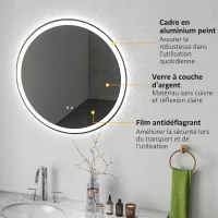 kleankin Miroir rond lumineux LED de salle de bain Ø 80 cm mural avec éclairage 3 couleurs interrupteur tactile 46W blanc argent(m-7)