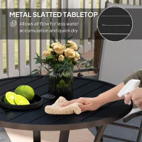 Outsunny 90 cm Garden Dining Table with 4-5 cm Parasol Hole, Round Outdoor Dining Table, Steel Garden Table with Slatted Metal Top and Wire Shelf for Balcony, Porch, Black(m-6)