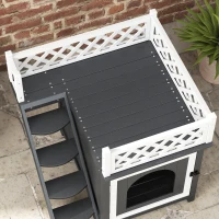 PawHut Katzenhaus, zweistöckig, mit Balkon und Treppe, für drinnen und draußen, für Katzen und Kaninchen, Tannenholz, Grau(m-8)