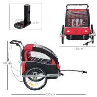 HOMCOM Kinderanhänger Fahrradanhänger mit Universalkupplung 155 x 88 x 108cm Stahl Rot+Schwarz(m-3)