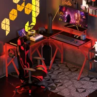 HOMCOM Computertisch mit höhenverstellbarer Monitorablage Schreibtisch mit Becherhalter Kopfhörerhaken L-förmiger Bürotisch mit K-Förmiger Beine Spanplatte Metall Schwarz+Rot 125 x 125 x 75 cm(m-9)