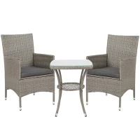 Outsunny 3 Pieces Rattan Bistro Set, Wicker Garden Furniture Set with 2-Tier Coffee Table and Chairs, Washable Cushions, for Outdoor Patio Balcony, Grey(m-1)