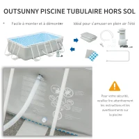 Outsunny Piscine tubulaire hors sol rectangulaire avec filtre, acier et plastique, dim. 340L x 215l x 80 cm, gris clair(m-7)