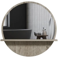 kleankin 45cm Round Home Mirror, with Shelf - Grey Wood-Effect(m-11)