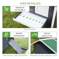 PawHut Gallinero de Madera Exterior Jaula Cercada para Gallinas con Caja Nido Corral de Metal Techo Asfáltico Bandeja Extraíble Ventana y Rampa 170x81x110 cm Gris(m-7)