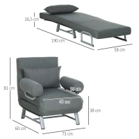 HOMCOM Fauteuil chauffeuse canapé-lit Convertible inclinable 1 Place Grand Confort Coussin lombaires accoudoirs piètement métal Lin Gris Foncé(m-3)