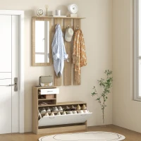 HOMCOM Mobile Appendiabiti 3 in 1 con Scarpiera e Specchio, Ganci e Cassetti, in Legno, 90x24x177 cm, Bianco e Quercia(m-7)