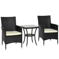Outsunny Conjunto de Muebles para Jardín Juegos de Muebles de Ratán Incluye 1 Mesa y 2 Sillones con Cojines Estructura de Metal para Terraza Patio Negro(m-11)