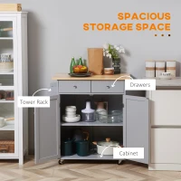 HOMCOM Rolling Kitchen Island on Wheels, Utility Serving Cart with Rubber Wood Top, Towel Rack, Hooks and Storage Drawers, Grey(m-4)