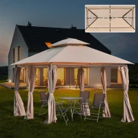 Outsunny 4 x 3(m) Outdoor Gazebo Canopy Party Tent Garden Pavilion Patio Shelter w/ LED Solar Light, Double Tier Roof, Curtains, Steel Frame, Khaki(m-2)