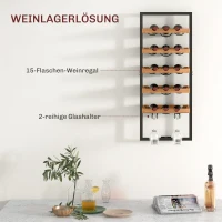 HOMCOM Wand-Weinregal, 5 Ebenen, Flaschenhalter, Gläserhalter, Kiefernholz, Stahl, Hausbar, Küche, Wohnzimmer, Braun(m-4)