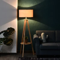 HOMCOM Lampada da Terra con Ripiano Intermedio Paralume in Lino Interruttore a Pedale Risparmio Energetico Altezza 154cm, Legno, 50x50x154 cm(m-4)