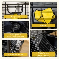 PawHut Cage petits rongeurs cochon d'inde, lapin, furets 3 niveaux avec abreuvoir, hamac, 2 rampes dim. 80L x 48l x 78H cm - noir(m-5)