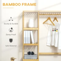 HOMCOM Bamboo Garment Rack, Clothes Rack with Storage Shelf, Hanging Rail and Side Hooks for Entryway, Bedroom, Bathroom and Office, Natural(m-5)