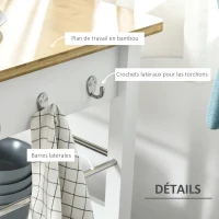 HOMCOM Desserte de cuisine multi-rangements - dim. 73L x 50l x 91H cm - poignées métal MDF blanc plateau bois bambou verni(m-4)