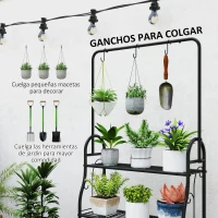 Outsunny Estantería para Plantas de 3 Niveles con Ganchos de Metal Barra para Colgar para Interior y Exterior Negro(m-5)
