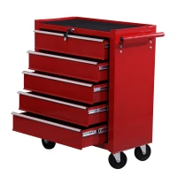 HOMCOM Carrello Porta Utensili con 5 Cassetti, Serratura, 2 Chiavi e Manubrio Parete Smontabile 2 Ruote con Freno in Lamiera d'Acciaio EVA Rosso 67,5x33x77cm(m-10)