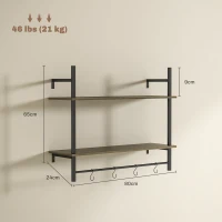 HOMCOM Wall Mounted Floating Shelves with 4 Hooks, Rustic Wall Shelf Unit for Living Room, Entryway, Grey(m-3)