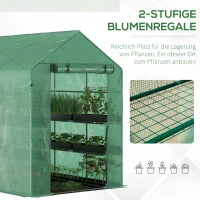 Outsunny Foliengewächshaus Gewächshaus Treibhaus mit Blumenregal Frühbeet Tomatenhaus Pflanzenhaus für Garten, aus Stahlrohl und PE-Gewebe, Grün, 214 x 143 x 195 cm(m-7)