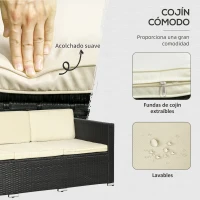 Outsunny Conjunto de Muebles de Ratán de Jardín Sofá de 3 Plazas Taburete y Mesa de Centro con Encimera de Cristal Negro(m-5)