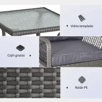 Outsunny Conjunto de Muebles de Ratán Juegos de 3 Piezas de Jardín 2 Sillones 65x66x75 cm y Mesa de Vidrio Templado 50x50x50 cm con Cojines Acolchados para Terraza Patio Gris(m-5)