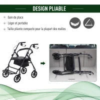 HOMCOM Déambulateur 4 roues - déambulateur pliable léger - assise + dossier rembourré - poignées ergonomiques, freins à main - panier rangement - cale-pied - métal noir(m-7)