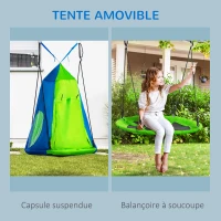 Outsunny Balançoire nid d'oiseau Ronde avec Tente Amovible Ø 100 cm 4 Anneaux Inclus métal époxy Oxford Haute densité - Vert et Bleu(m-4)