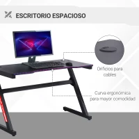 HOMCOM Mesa Gaming Ergonómica 120x60x73 cm Escritorio para Computadora PC con Patas Ajustables Encimera Efecto Fibra de Carbono y Orificio de Pasacables Carga 150 kg Negro(m-6)