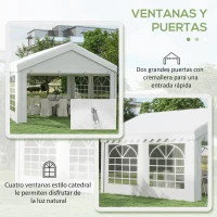 Outsunny Carpa para Fiesta Cochera Gazebo 4x4m Pergola Cenador Pabellón 4 Paneles Laterales 6 Ventanas Anti-UV para Eventos Bodas Acero PE Blanco(m-5)
